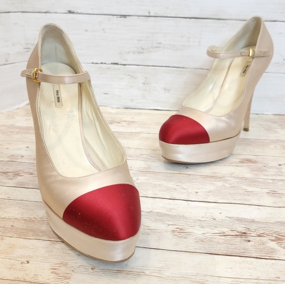Miu Miu champagne satin platform Mary jane heels with scarlet captoe - Picture 13 of 15